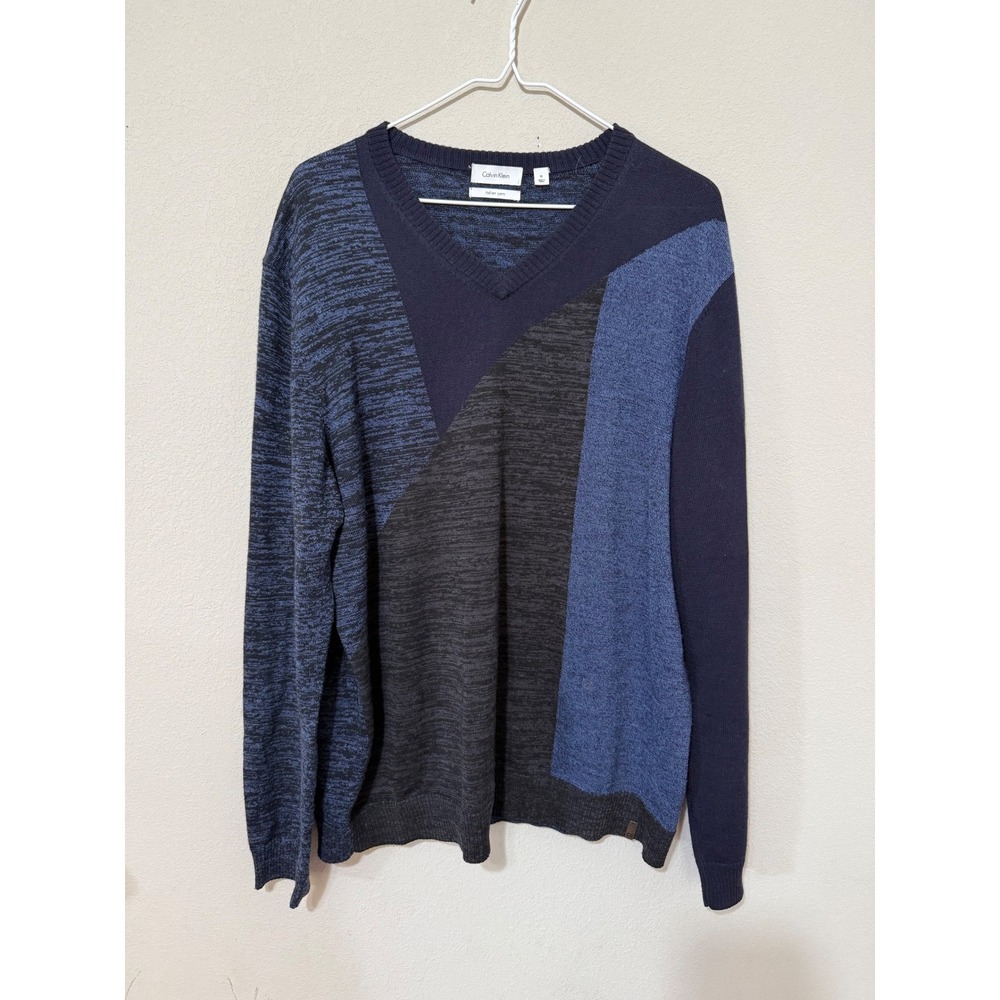 CALVIN‎ KLEIN Mens Italian Yarn Merino Wool Blue Pullover V-Neck Sweater Size XL